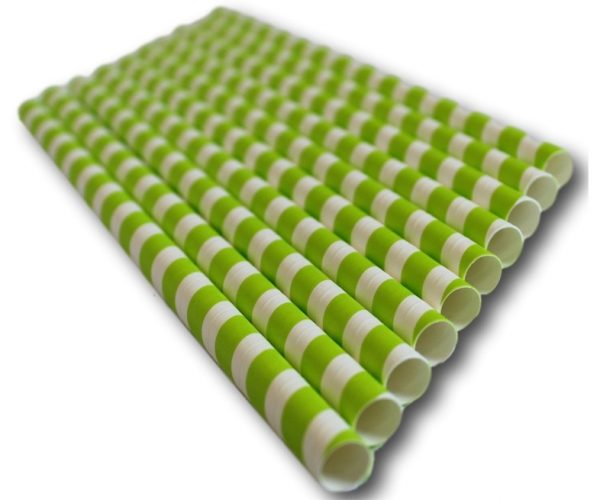 Compostable Paper Straw - Green Stripe - 197mm x 6mm - Case of 1500 (6x250)